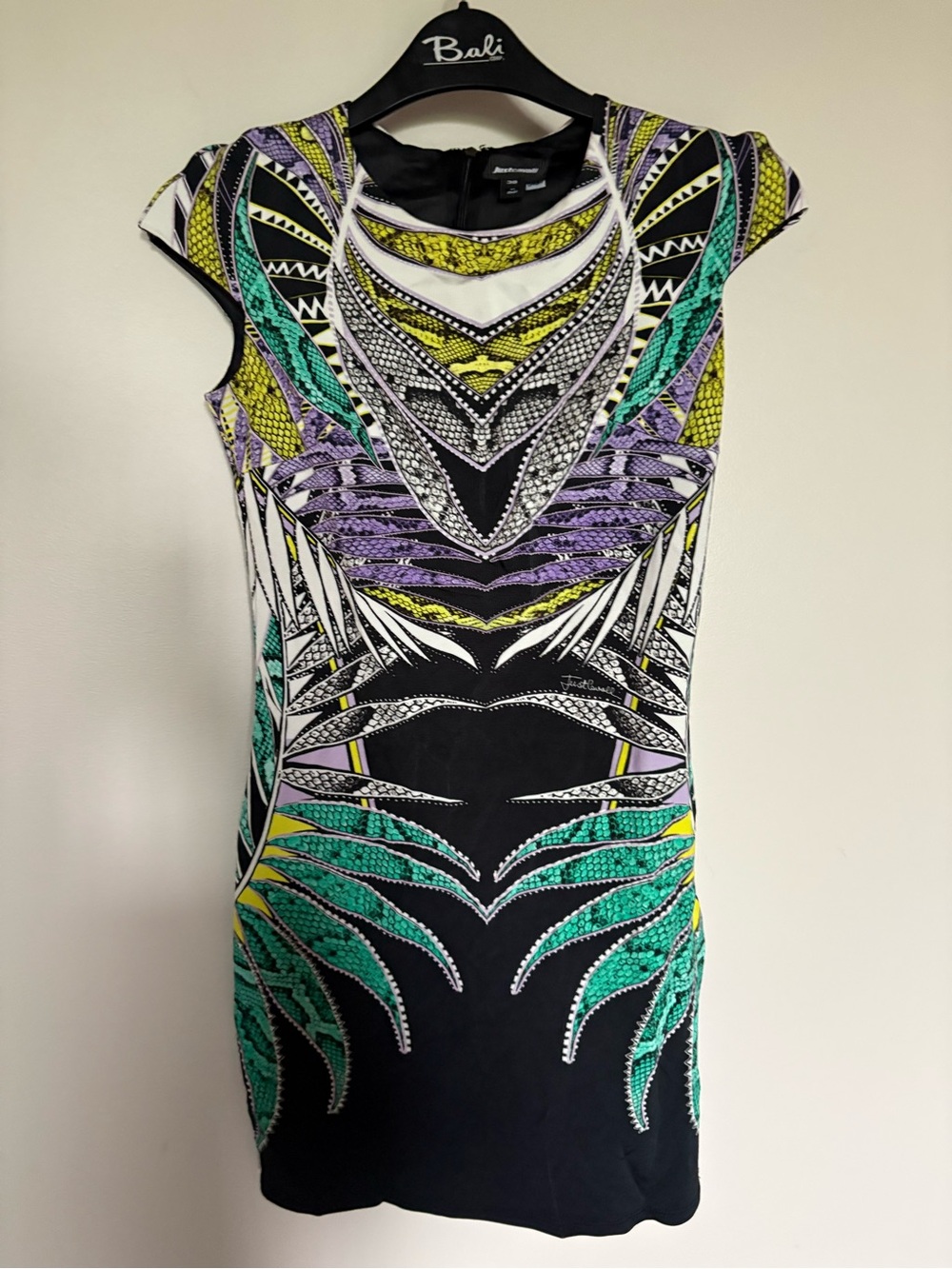 Just Cavalli Printed Bodycon Dress in Black, Yellow & Purple VERY SMALL